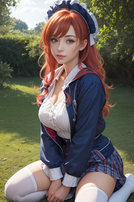 (best quality,4k,8k,highres,masterpiece:1.2),ultra-detailed,(realistic,photorealistic,photo-realistic:1.37), portraits, lora:char-Nakiri Erina-v2:1, outdoors scene, vibrant colors, beautiful detailed eyes, beautiful detailed lips, navy thighhighs, plaid skirt, jacket, long eyelashes, kneeling, hands on breasts, anime_screencap_erina