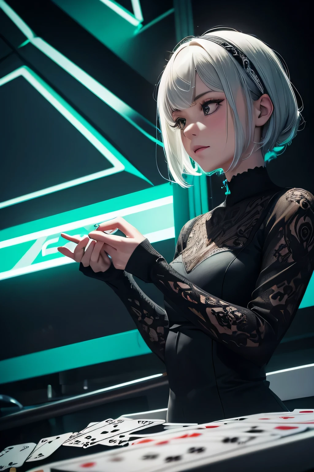 a line of many playing cards in gray rock and green neon, conrtneo, intricate details (vertically floating: 1,2) on a smooth black mirror surface, reflections, volumetric lighting, 8k uhd, ultra-sharp, ultra-detailed