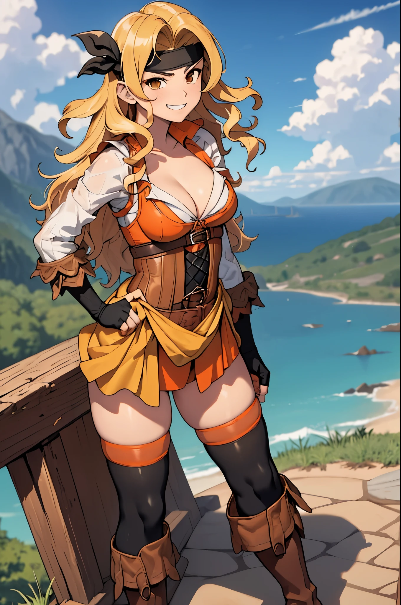 masterpiece, best quality, brigid, black headband, fingerless gloves, orange dress, cleavage, corset, thighhighs, brown boots, standing, contrapposto, sky, clouds, looking at viewer, furrowed brow, smile, smug, teeth 