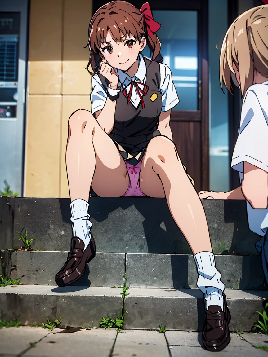 ((highest quality, 8K, A Certain Science Super Electromagnetic Cannon: 1.3, RAW photo)), sharp focus 1.5,woman,brown hair twintails,-yeld hischool student,Slender,open legs((pink panties)),(((brown vest and gray miniskirt)))((Kuroko Shirai))(((red ribbon))),(((Sit on the steps of the station)))(((Super Loose Socks,loafers)))burst into laughter,((green armband))Low - Angle