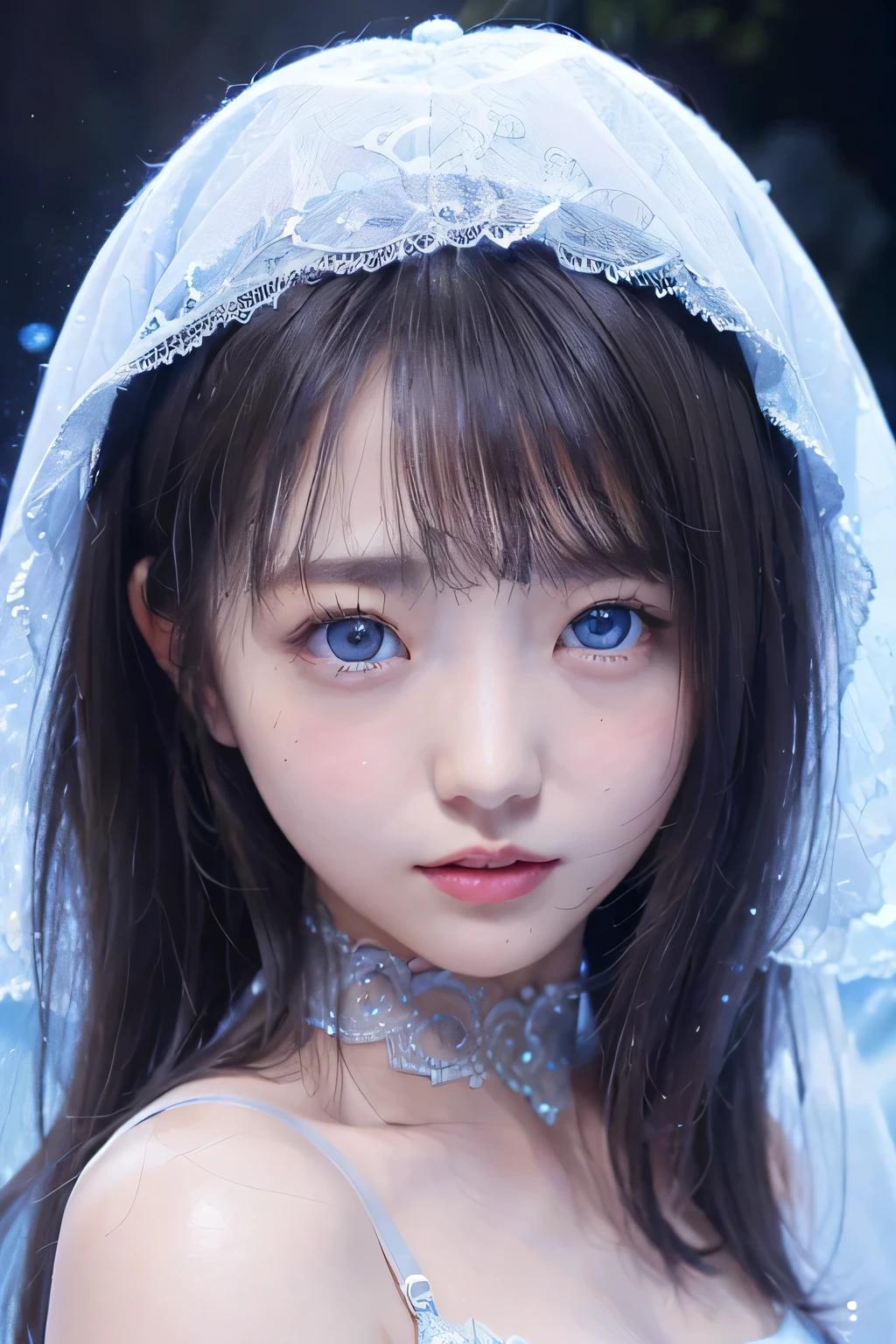 ((masterpiece))、((highest quality))、１fashi-girl、beautiful girl with a cold face、dark cave background、Watery blue eyes that glow in the dark、、flat body、slim、(Upper shot close-up)、white prom dress