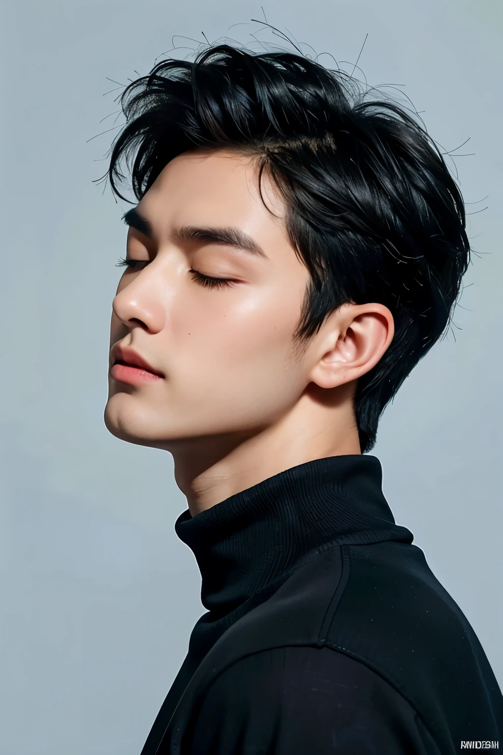 a man,black hair,eyes closed,,Relaxed and comfortable expression,black high-neck sweater,advanced,high quality,real photography,light and shadow