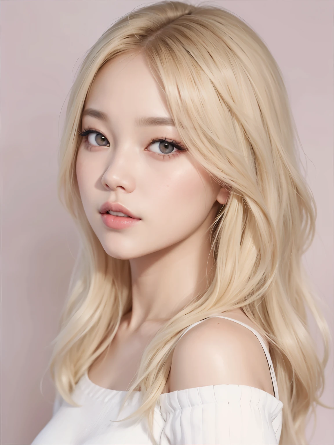 a close up of a woman with long blonde hair and a white top, roseanne park of blackpink, lalisa manobal, popular south korean makeup, portrait of jossi of blackpink, portrait of kpop idol, lalisa manoban of blackpink, popular korean makeup, portrait of female korean idol, jinyoung shin, jossi of blackpink, korean idol, korean face features