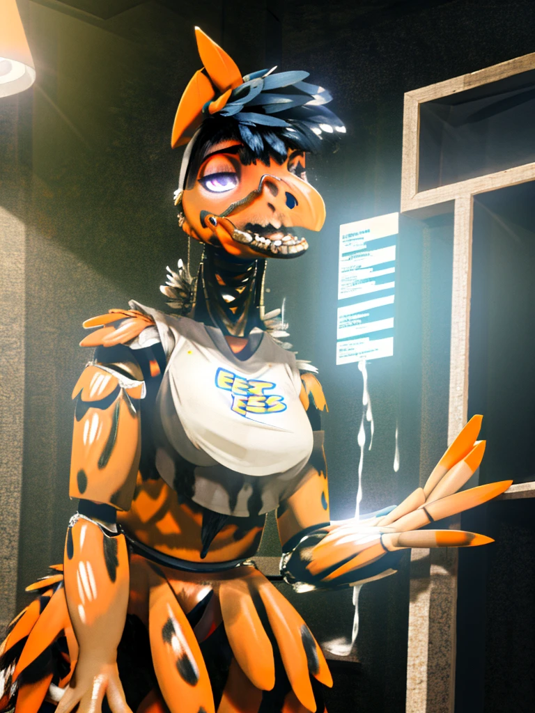 Ultra high resolution, best quality, masterpiece, mirror reflection, (half transformation), young male human feathered deinonychus animatronic mascot girl fursuit hybridization metamorphosis, in dark abandoned unlit bathroom, (part human:1.6) (part feral:1.3), (orange:1.9) (tawny:1.5) (striped:1.2) (spotted:1.1), ((liquid goo partial dripping encasement)), Five nights at Freddy’s style, you stare at your reflection in horror as you morph into a decrepit animatronic feathered deinonychus mascot girl, transgender transformation male to female