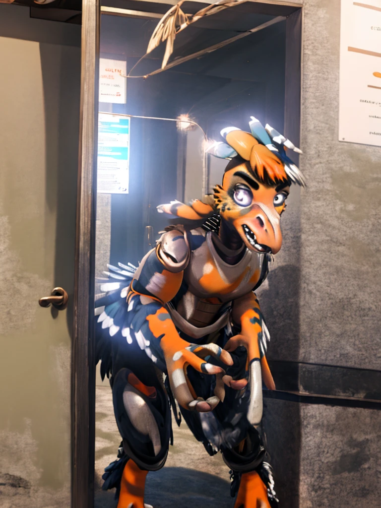 Ultra high resolution, best quality, masterpiece, mirror reflection,  (half transformation), young male human feathered deinonychus animatronic mascot girl fursuit hybridization metamorphosis, in dark abandoned unlit bathroom, (part human:1.6) (part feral:1.3), (orange:1.9) (tawny:1.5) (striped:1.2) (spotted:1.1), ((liquid goo partial dripping encasement)), Five nights at Freddy’s style, you stare at your reflection in horror as you morph into a decrepit animatronic feathered deinonychus mascot girl, transgender transformation male to female