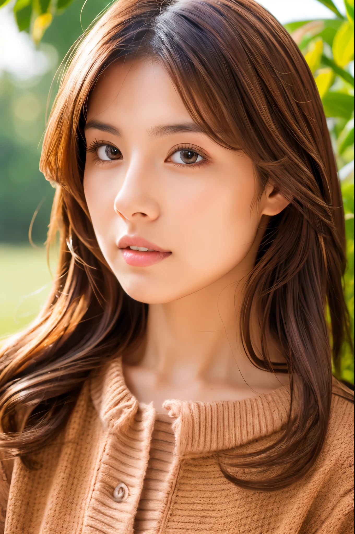8K, top-quality, ​masterpiece, realisitic, Photorealsitic, ultra-detailliert, Natural sunlight, extremely detailed face and skin, A detailed eye, Highly detailed face-to-skin intermediate shots, Beautiful woman looking at camera, sexy pose, Beautiful face, Realistic face, Detailed face, Beautiful hairstyle, Realistic eyes, Detailed eyes, Realistic skin, Detailed skin, Beautiful skin, Attractive, A hyper-realistic, brown cardigan, Gentle, Brown long hair, cute Japanese girls, Full body