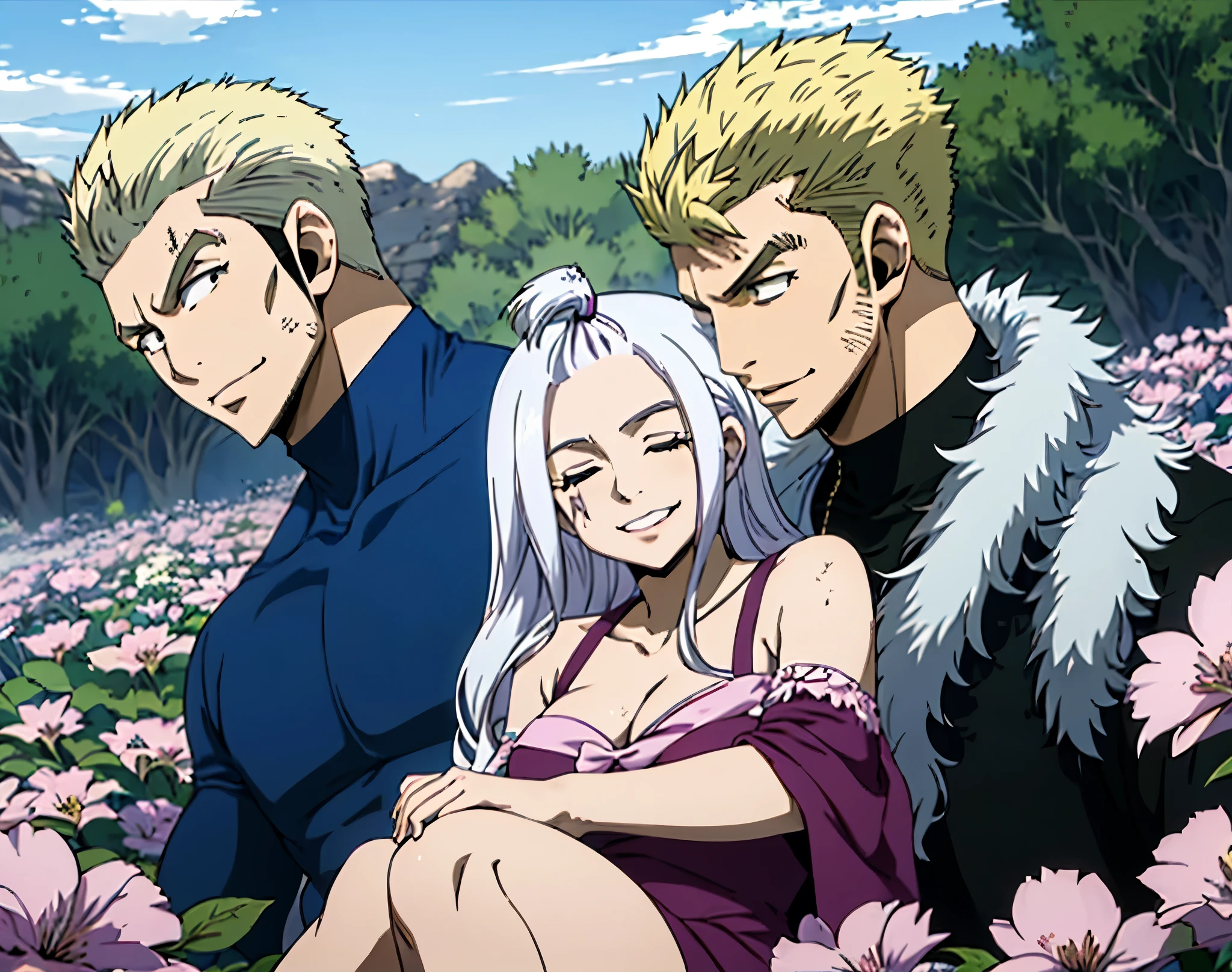 couple, 1girl, 1boy, boy sleep on girl's lap, smile, laugh, romantic atmosphere, behind the flower, flower field, blue sky, landscape, familiar face Laxus and Mirajane