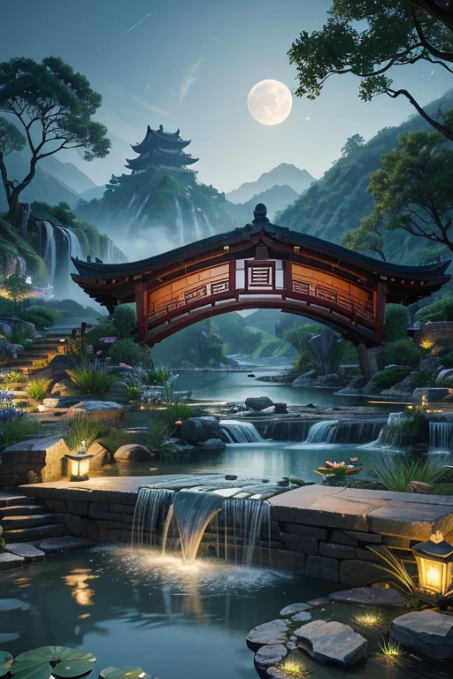 Ancient Chinese architecture, moon, midnight, garden, bamboo, lake, stone bridge, rockery, arch, corner, tree, running water, landscape, outdoor, waterfall, grass, rock, water lily, hot spring, water vapor, (Illustration: 1.0), Epic Composition, Realistic Lighting, HD Details, Masterpiece, Best Quality, (Very Detailed CG Unity 8k) --v 6