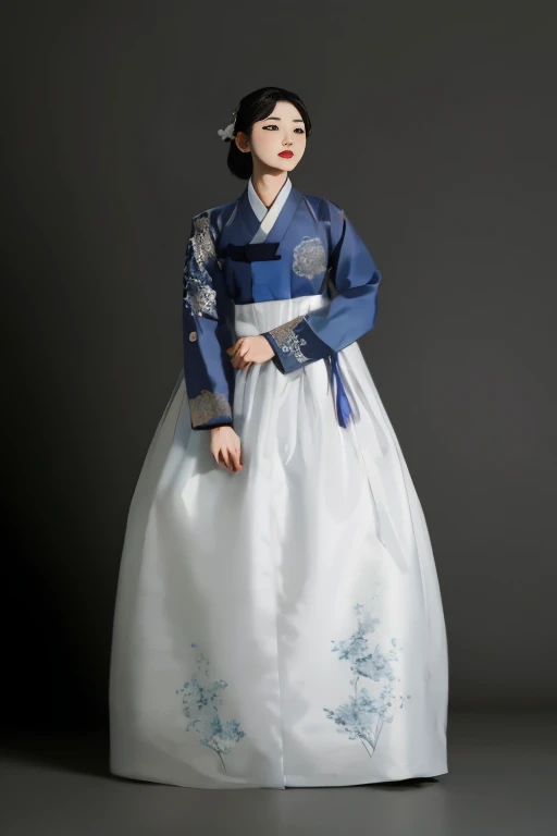 arafed woman in a blue and white Han bok dress, Han bok, korean Han bok, Inspired by Jeong Seon, traditional dress, traditional clothes, Korean woman, Songs inspired by Shin Yun-bok, traditional clothing, Dressed in the attire of an aristocratic woman, Han bok apron, traditional, Songs inspired by Shin Saimdang, Songs inspired by Jin Nong