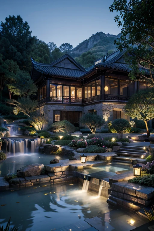 Ancient Chinese architecture, moon, midnight, garden, bamboo, lake, stone bridge, rockery, arch, corner, tree, running water, landscape, outdoor, waterfall, grass, rock, water lily, hot spring, water vapor, (Illustration: 1.0), Epic Composition, Realistic Lighting, HD Details, Masterpiece, Best Quality, (Very Detailed CG Unity 8k) --v 6