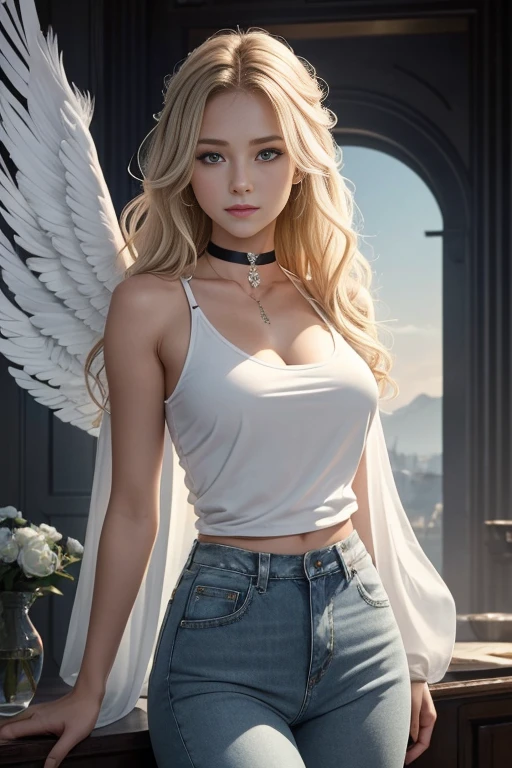 a girl with beautiful detailed blonde hair and wavy long hair, her grey eyes sparkle with vibrant life. She is wearing a white jacket which contrasts against her radiant white feathered wings, giving her an ethereal glow. The girl stands outdoors, surrounded by a picturesque landscape. She wears a choker and a tank top, completing her casual yet angelic appearance. Her medium breasts are tastefully portrayed through her attire, maintaining a sense of elegance. The girl's jeans add a touch of modernity to her overall look. The artwork exhibits the best quality and resolution, capturing every ultra-detailed aspect of the scene. The colors are vivid and vibrant, enhancing the realism of the image. The lighting is artistically directed, employing studio lighting techniques to create a beautiful ambiance that envelops the girl. The artwork is a stunning combination of realism and fantasy, creating an otherworldly atmosphere.