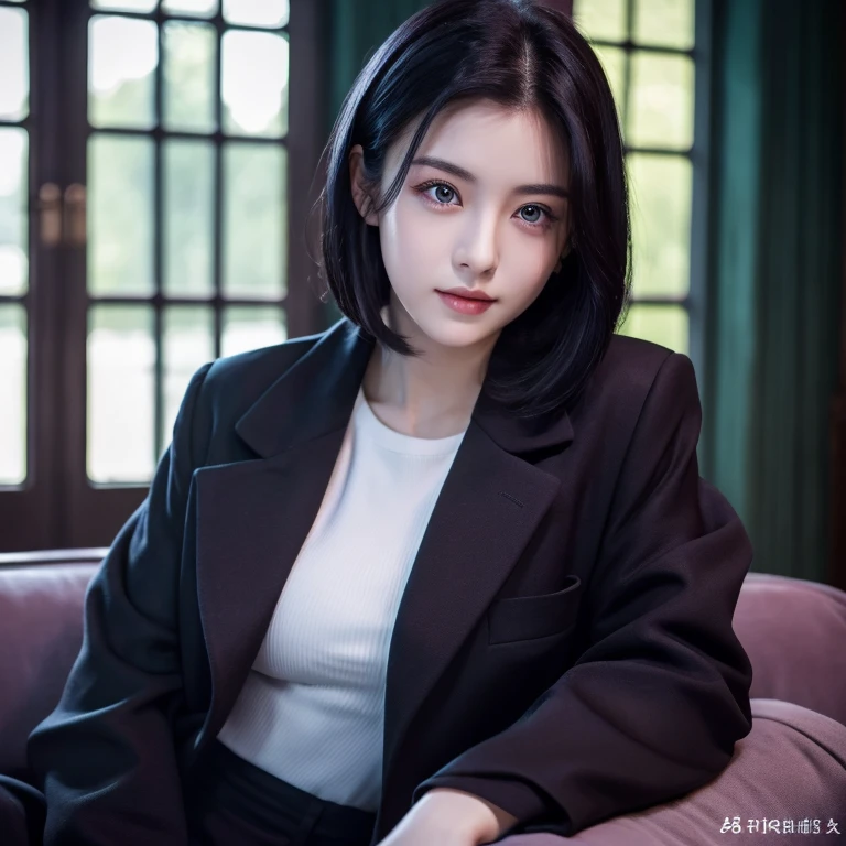 4K, 8K, masterpiece, highest quality, Upper body, 1 girl, looking at the viewer, black hair、medium hair, purple eyes, black coat, indoors, It's dim, The age of the actress is 23 years, open bust、beautiful woman