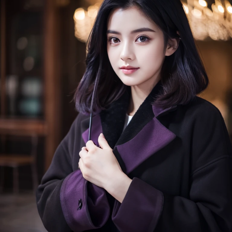 4K, 8K, masterpiece, highest quality, Upper body, 1 girl, looking at the viewer, black hair、medium hair, purple eyes, black coat, indoors, It's dim, The age of the actress is 23 years, open bust、beautiful woman