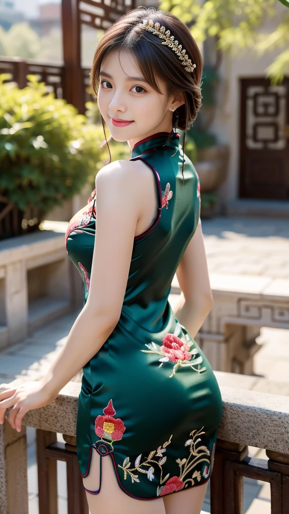 ulzzang -6500-v1.1, (Raw foto:1.2), (Photorealsitic:1.4), Delicate beautiful girl,The sparkling eyes have a very nice atmosphere.......................,13years, Attractive eyes and moist lips,cabelos preto e longos,(ssmile:1.3),Detailed depiction of the face,Formula details,Detailed depiction of facial features Star Masterpiece Fine Detail,Describe your role in detail,Detailed depiction of hair,Carefully drawn ,My body is bumpy,Detailed depiction of the hand,Clothes drawn in detail,Detailed depiction of the face,face perfect,Detailed depiction of the hand,4fingers and 1thumb:1.3),orthofacial,choker necklace,eardrop, Works of masters,Infinitely close to reality,(Full body photo:1.5),Highest image quality,best qualtiy,infinite details,8K分辨率,(((Beautiful patterned embroidered cheongsam 1.3))),((dark green cheongsam dress))),(Ancient courtyard scene:1.3),A smile, Constriction of the lower back, sexy pose,Bold poses, Beautiful legs visible through the slit of a long skirt, large full breasts, neatly bunched hair