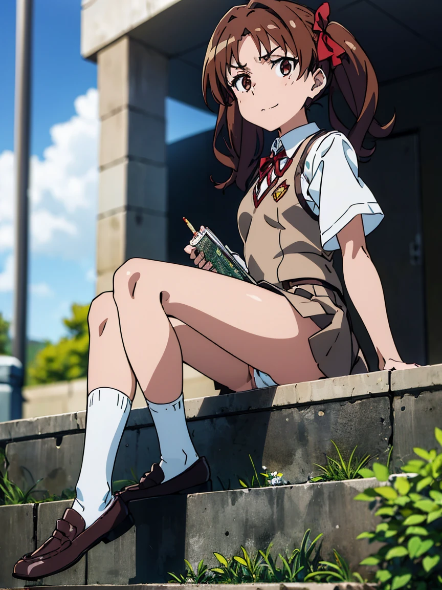 ((highest quality, 8K, A Certain Science Super Electromagnetic Cannon: 1.3, RAW photo)), sharp focus 1.5,woman,brown hair twintails,-yeld hischool student,Slender,open legs((Light Blue Panties)),(((brown vest and gray miniskirt)))((Kuroko Shirai))(((red ribbon))),(((Sit on the steps of the station)))(((Super Loose Socks,loafers)))burst into laughter,((green armband))Low - Angle