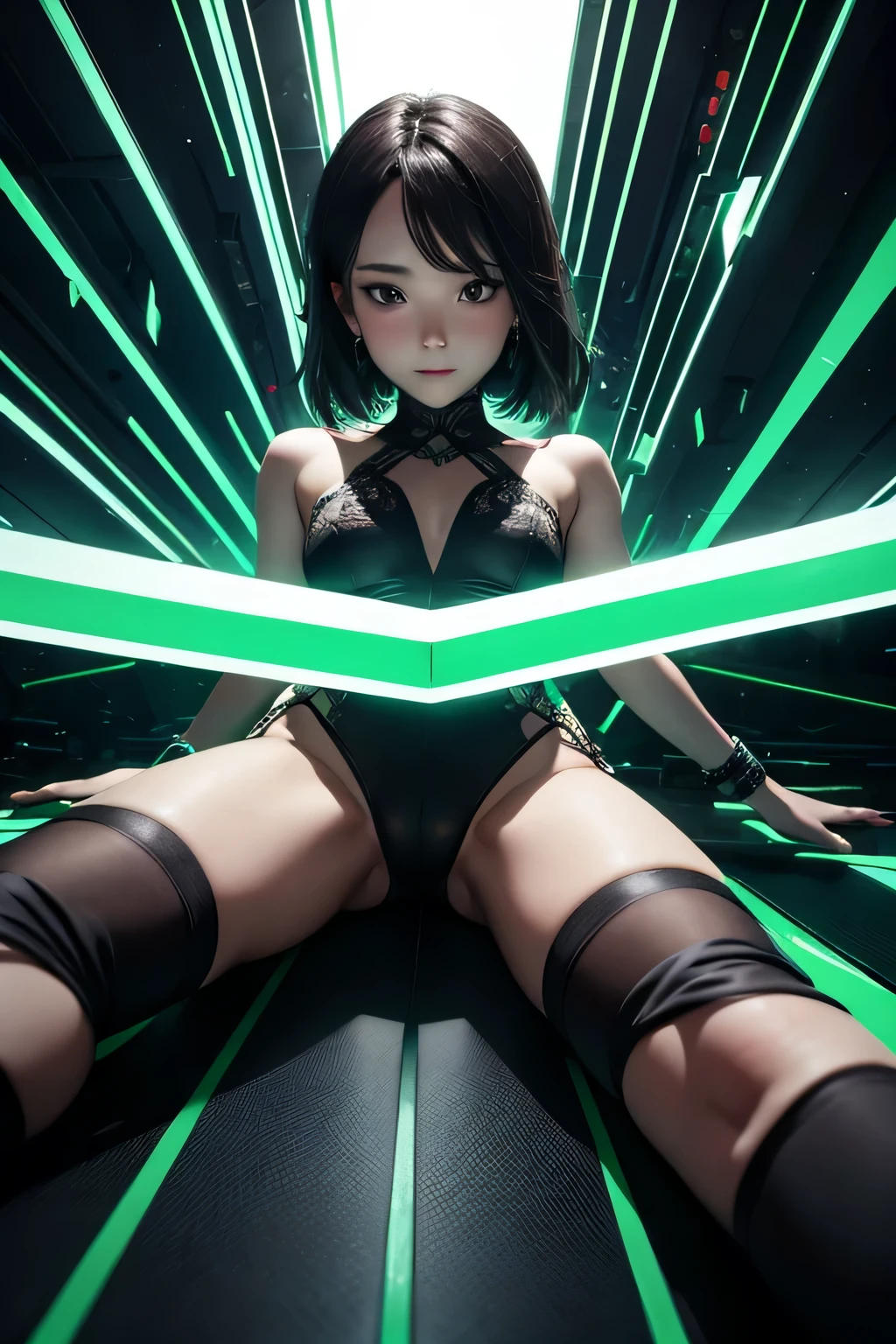a line of many playing cards in gray rock and green neon, conrtneo, intricate details (vertically floating: 1,2) on a smooth black mirror surface, reflections, volumetric lighting, 8k uhd, ultra-sharp, ultra-detailed