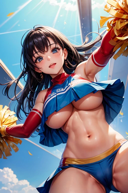 one woman,Super high quality,highest quality,underboob,underboob,Breast exposure,Belly exposure,Angle from feet,beautiful big breasts,Nipples are erect,black hair,cheerleader,Cheer Cosplay,