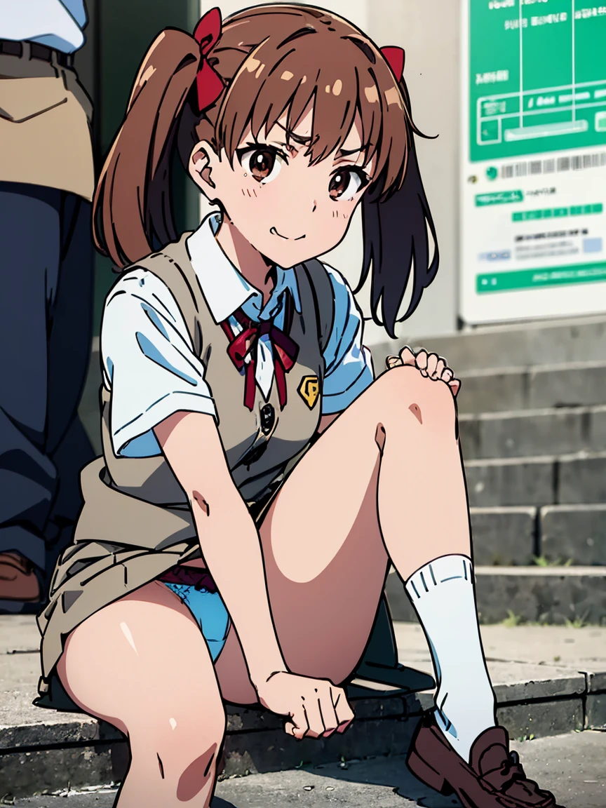 ((highest quality, 8K, A Certain Science Super Electromagnetic Cannon: 1.3, RAW photo)), sharp focus 1.5,woman,brown hair twintails,-yeld hischool student,Slender,open legs((Light Blue Panties)),(((brown vest and gray miniskirt)))((Kuroko Shirai))(((red ribbon))),(((Sit on the steps of the station)))(((Super Loose Socks,loafers)))burst into laughter,((green armband))Low - Angle