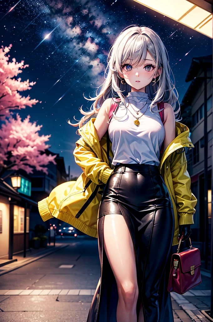 Proseca、Project Sekai Colorful Stage、At 25 o'clock night code、Yosaki、greyt hair、Long、Hair is shed、Gray eye、Quartz colored eyes、High school students、Mature、neck warmer、hoods、gloves、Gray hoodie、The shirt、Gray skirt、lowfers、a necklace、Shoulder bag、Cherry blossoms、shooting stars、tram、Seductive girl, 4K, 4K Konachan wallpapers,Anime art wallpaper 8k、Highly rated on pixiv、masterpiece、MKMKS Style、1 person、top-quality、超A high resolution