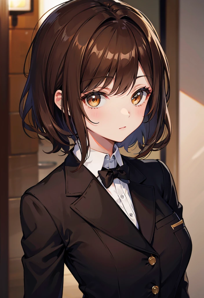 1 chica, Brown hair, Brown eyes, traje elegante.