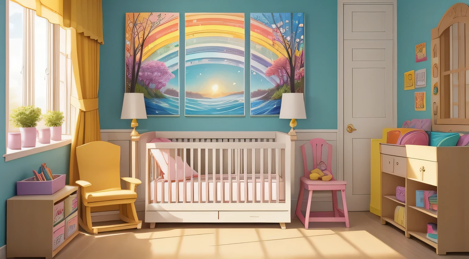 Design an enchanting image for a Nursery School Wall Art project, capturing the essence of a vibrant and child-friendly atmosphere. Infuse the image with playful elements, adorable characters, and cheerful colors. Showcase diversity in the artwork, emphasizing the nurturing environment of a nursery school. Include educational and imaginative elements suitable for young children. The final image should radiate warmth, creativity, and the joy of learning. Dimensions