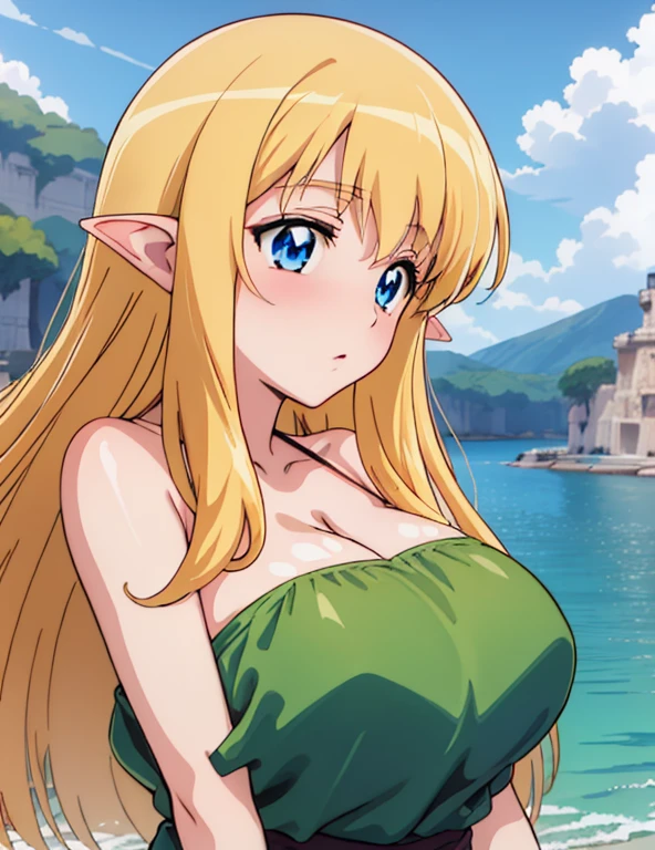 (masterpiece, best quality, high resolution, anime colored, anime screencap, 8k, detailed, photorealistic), tifania, The Familiar of Zero, blue eyes, blush, elf, long hair, pointy ears, blonde hair, sagging large breasts, sideboob, green shirt, (Front view), (upper body), lake, 