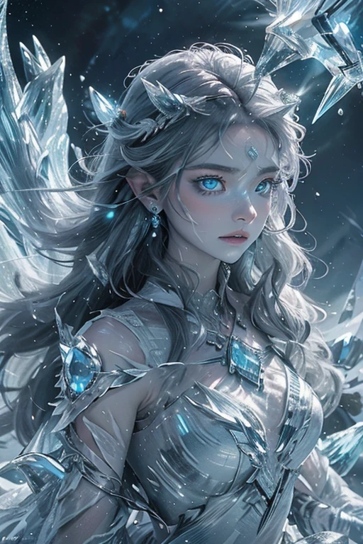 "(Masterpiece, Best Quality, Cinematic Lighting), (Extremely detailed CG Unity 16K wallpaper), Solo, 1 person, ethereal Ice Goddess, (finely detailed true circle Symmetrical eyes), (Eyes that glow icy blue in the dark:1.8), (A pair of deep blue eyes with strong sapphire light emitting from within:1.7), bioluminescence. Her eyes are the focal point, telling tales of ancient frosts and frozen realms. Chiseled features, a delicate face surrounded by frosty, shimmering white hair. In her right hand, she wields an intricate ice scepter, while her left hand conjures a powerful spell, freezing everything in its path. She stands atop a towering ice cliff overlooking a vast frozen kingdom; below, a serene frozen lake mirrors the auroras dancing in the twilight sky. Ancient, gnarled trees made entirely of ice frame her, their branches twinkling with thousands of frozen stars. Ice dragons spiral overhead, their breath crystallizing the air, while ice phoenixes rest gracefully on her shoulders, their feathers shimmering in moonlight. The distant sound of cracking glaciers and whispering winds sings of her power and legacy, creating an ambiance of chilling elegance. Every element of the background amplifies her dominance, showcasing her as the true queen of this icy realm."