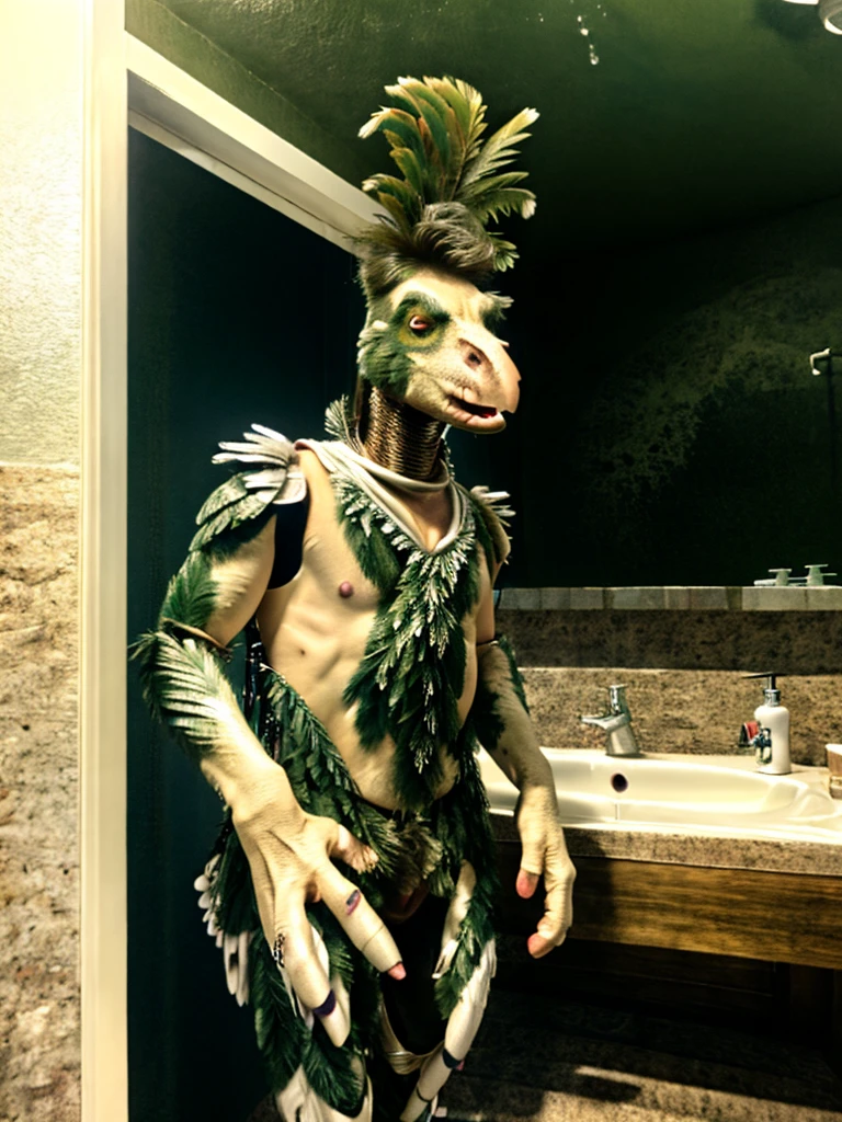 Ultra high resolution, best quality, masterpiece, mirror reflection,  (half transformation), young male human feathered deinonychus mascot girl animatronic fursuit hybridization metamorphosis, in dark abandoned unlit bathroom, (part human:1.6) (part feral:1.3), (red:1.9) (green:1.5) (lemon:1.4) (striped:1.2) (spotted:1.1), ((liquid goo partial dripping encasement)), Five nights at Freddy’s style, you stare at your reflection in horror as you morph into a decrepit haunted cursed animatronic feathered deinonychus mascot girl, transgender metamorphosis male to female.