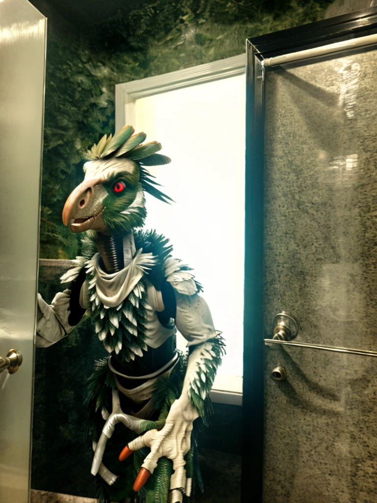 Ultra high resolution, best quality, masterpiece, mirror reflection,  (half transformation), young male human feathered deinonychus mascot girl animatronic fursuit hybridization metamorphosis, in dark abandoned unlit bathroom, (part human:1.6) (part feral:1.3), (red:1.9) (green:1.5) (lemon:1.4) (striped:1.2) (spotted:1.1), ((liquid goo partial dripping encasement)), Five nights at Freddy’s style, you stare at your reflection in horror as you morph into a decrepit haunted cursed animatronic feathered deinonychus mascot girl, transgender metamorphosis male to female.