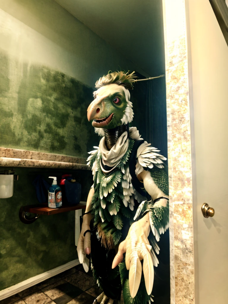 Ultra high resolution, best quality, masterpiece, mirror reflection,  (half transformation), young male human feathered deinonychus mascot girl animatronic fursuit hybridization metamorphosis, in dark abandoned unlit bathroom, (part human:1.6) (part feral:1.3), (red:1.9) (green:1.5) (lemon:1.4) (striped:1.2) (spotted:1.1), ((liquid goo partial dripping encasement)), Five nights at Freddy’s style, you stare at your reflection in horror as you morph into a decrepit haunted cursed animatronic feathered deinonychus mascot girl, transgender metamorphosis male to female.