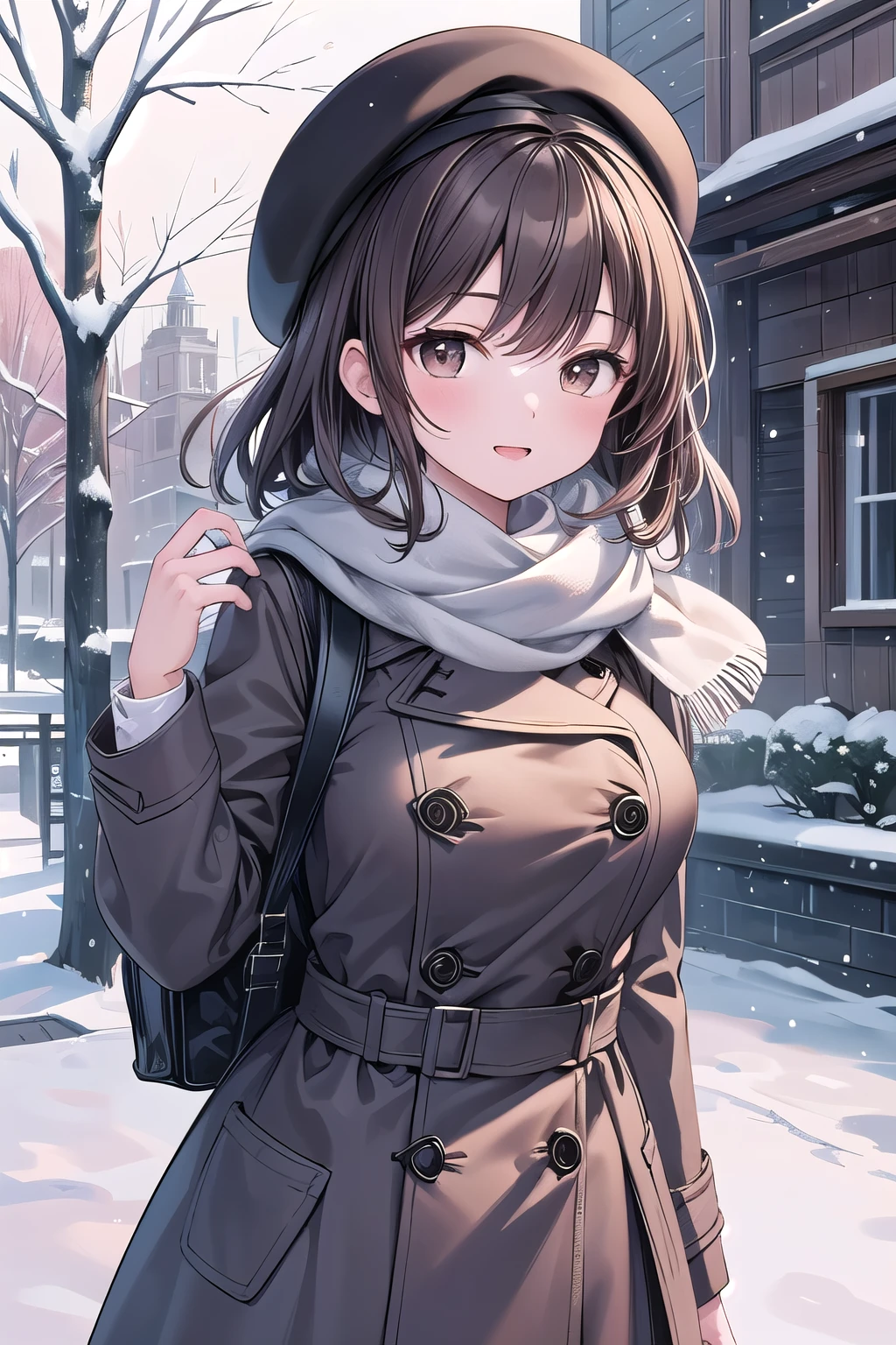 solo girl, 20 years old,medium hair, dark brown hair, brown eyes, medium breast, happy,pea coat,beret,fluffy scarf,maxi skirt ,outdoors, winter,snow, Best Quality, High resolution, Extremely detailed, Detailed background, Perfect Lighting