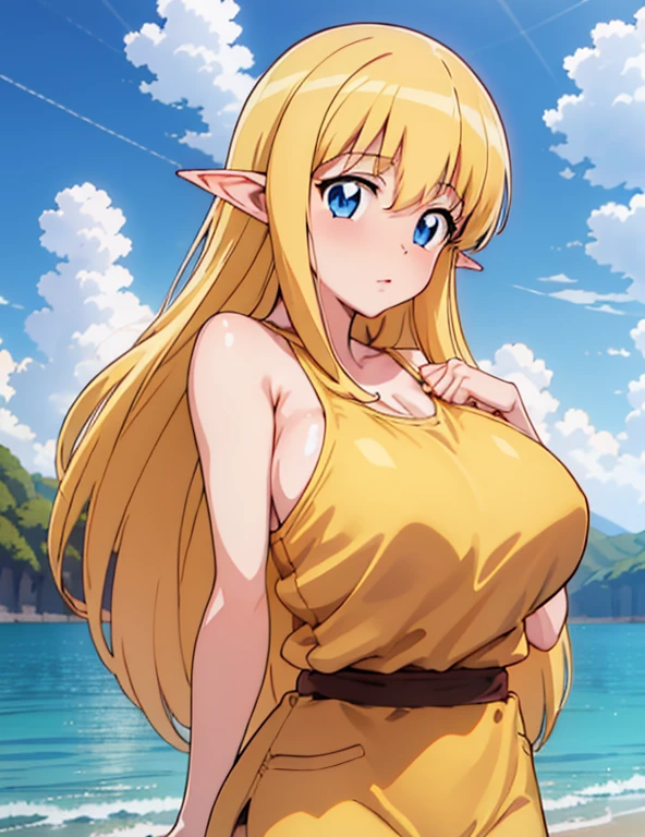 (masterpiece, best quality, high resolution, anime colored, anime screencap, 8k, detailed, photorealistic), tifania, The Familiar of Zero, blue eyes, blush, elf, long hair, large breasts, pointy ears, blonde hair, sideboob, green clothes, (Front below), (cowboy shot), lake