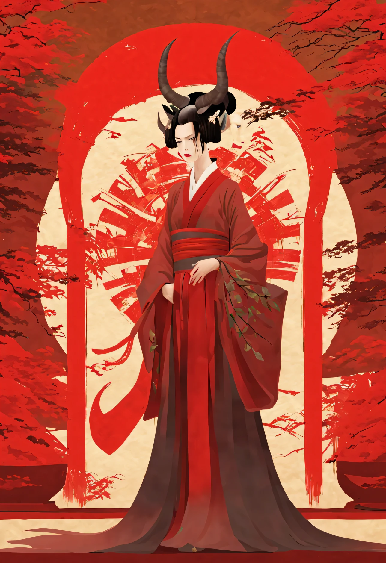 aristocratic woman of the heian period１people々、She is very angry、red face like an angry devil、It has two horns、red glowing eyes、look down、Composition with an eerie atmosphere、02_ oil modern、art deco environment。03_High resolution、 | Ultra HD | Full HD、Cinematic rendering、fractal art、strong shading、warm shadows - cool lighting、excellent details、amazing paintings、masterpiece、highest quality、