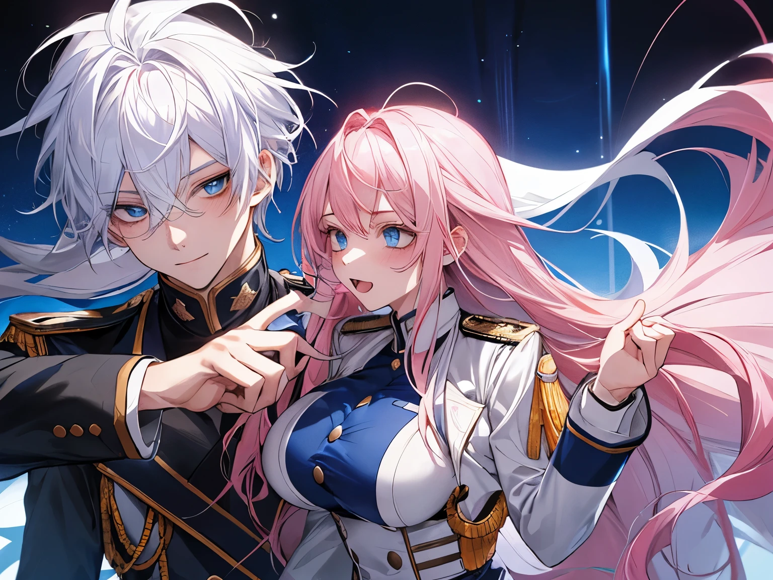 young male ager, blue eyes, white hair, uniform, academy, with a female teen with long pink hair and huge breasts