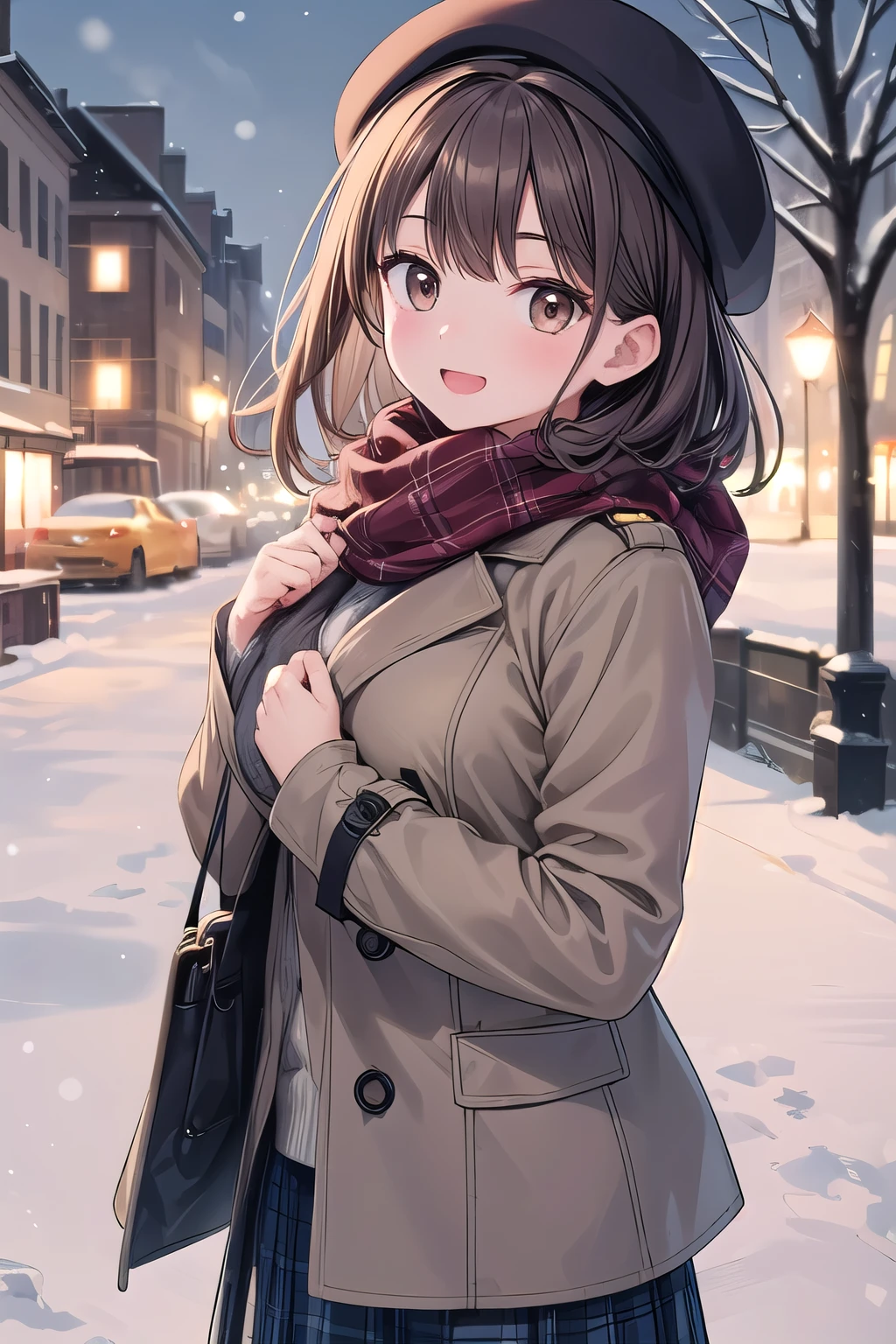 solo girl, 20 years old,medium hair, dark brown hair, brown eyes, medium breast, happy,pea coat,beret,fluffy scarf,maxi skirt ,outdoors, winter,snow, Best Quality, High resolution, Extremely detailed, Detailed background, Perfect Lighting