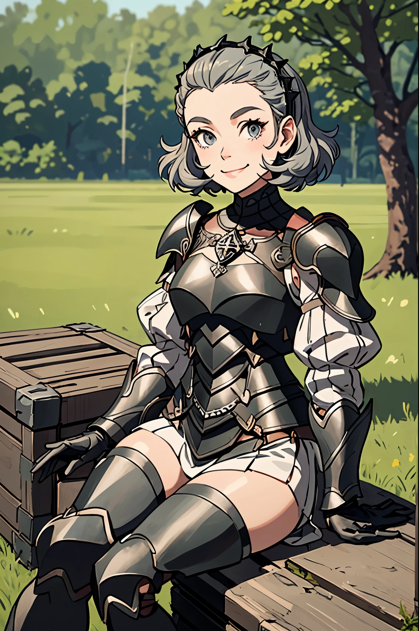 masterpiece, best quality, feSophie, hairband, armor, black gloves, thighhighs, white pelvic curtain, armored boots, sitting, barrels, tree, field, crates, looking at viewer, smile, closed mouth 