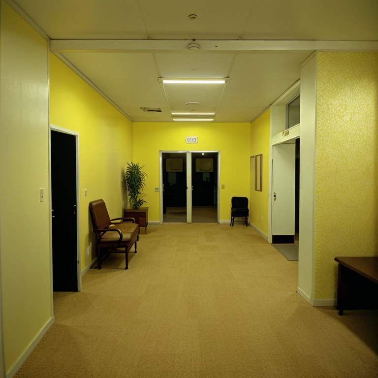 Liminal space, the backrooms, office/thrift store/social hall, carpet, empty, fluorescent lighting, monochrome yellow wallpaper, early 2000s camcorder footage, nonsensical architecture,