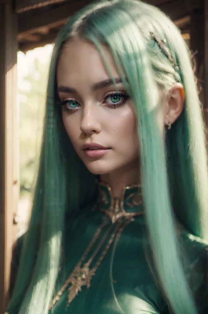 (high quality, 4k, 8k, highres, masterpiece:1.2), beautiful detailed green eyes, beautiful detailed lips, extremely detailed eyes and seductive face, long eyelashes, long green and silver hair. 