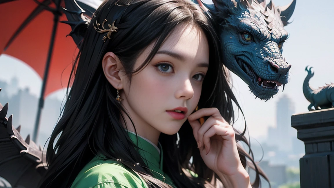 Best AI Image Generation Creator，masterpiece，highest quality，good anatomy，beautiful woman，detailed eyes，glossy lips，Close-up portrait of a woman in a green dress with a dragon, queen of dragons, holding a dragon in hand、詳細なfantasy art, Ruan Jia and Altogerm, by Yan J, fantasy art style, 壮大なfantasy artスタイル, fantasy art, artgerm and ruan jia, 素晴らしいfantasy art, highly 詳細なfantasy art, dragon girl