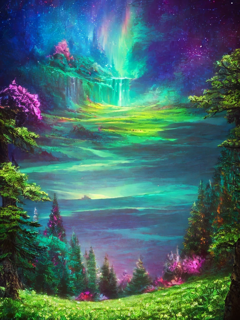 A view of a great lake with massive mountains populated with trees in the background with the aurora borealis shinning above it all