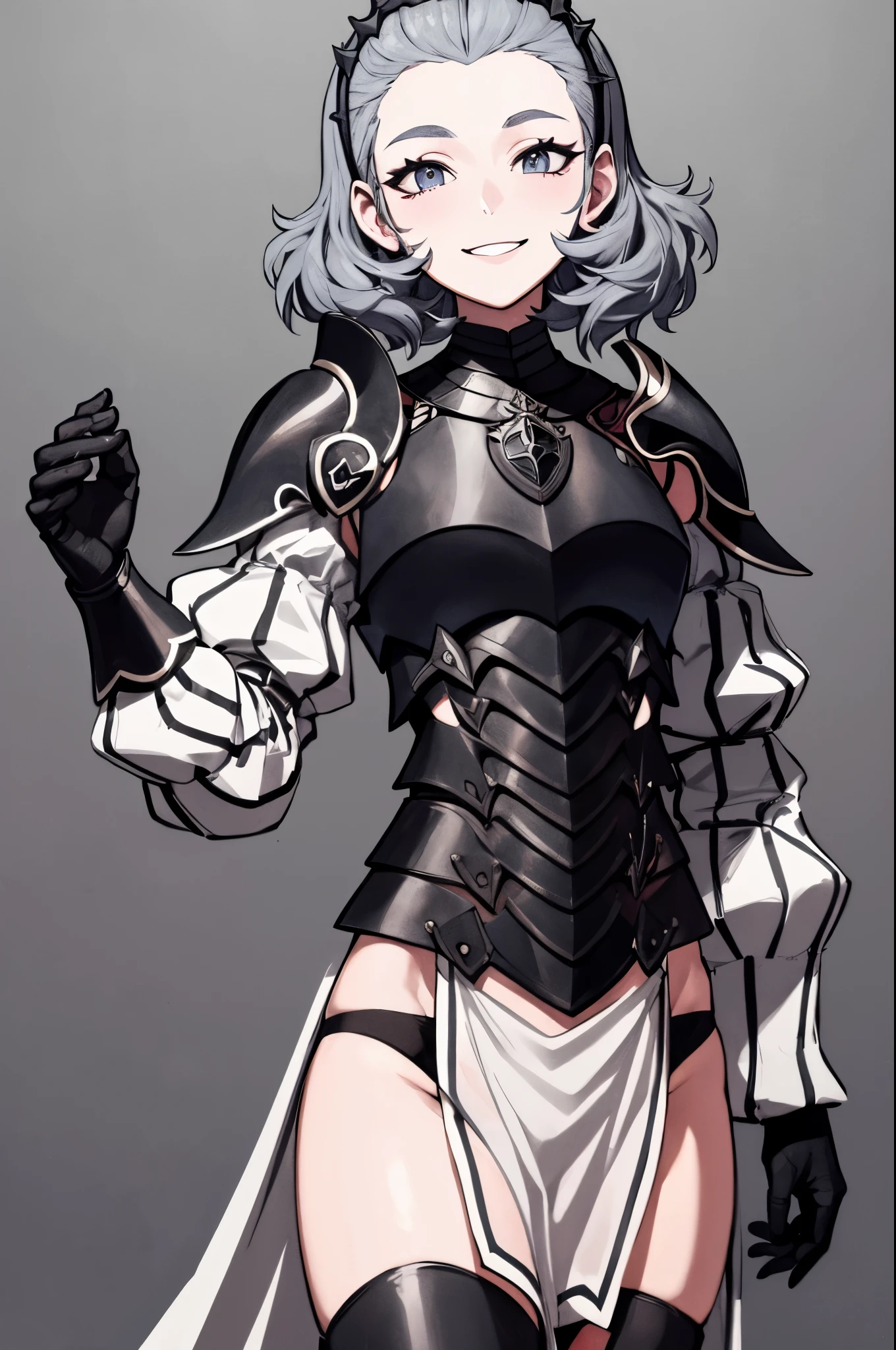 masterpiece, best quality, feSophie, hairband, armor, black gloves, thighhighs, white pelvic curtain, armored boots, looking at viewer, smile,
