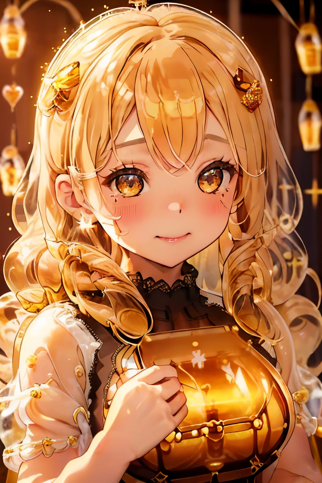 girl,cute,(blonde:1.2),(long hair with curls:1.2),(With bangs),(Eye size:1.5),(Plaid dress:1.3),(dress with lots of lace:1.35),(honey ornament:1.4),(🍯:1.5),(Sparkling lights:1.35),(lots of honey dripping:1.4),(beehive-shaped hair ornament:1.3),(smile:1.15),(close up of face:1.2),(blush:1.2),(bottle in girl:1.4),(NSFW),