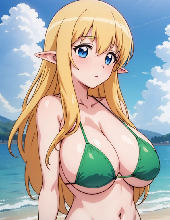 (masterpiece, best quality, high resolution, anime colored, anime screencap, 8k, detailed, photorealistic), tifania, The Familiar of Zero, blue eyes, blush, elf, long hair, pointy ears, blonde hair, sagging large breasts, sideboob, green micro bikini, (Front view), (upper body), looking at view, sunshine, lake, 