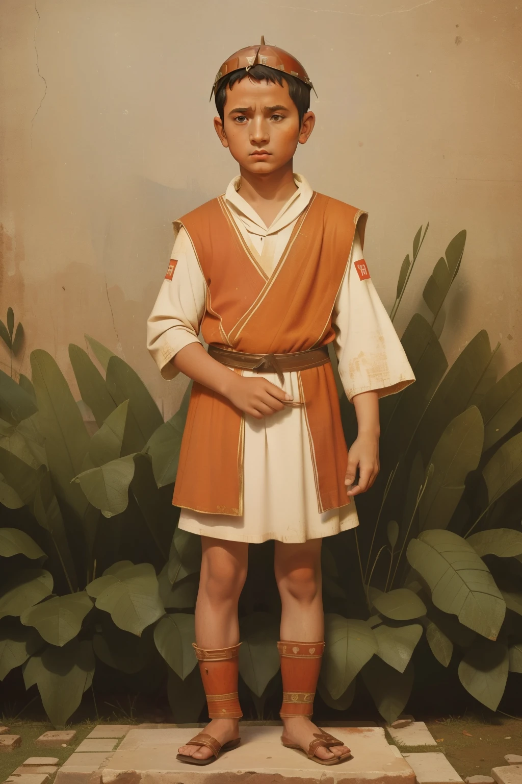 Rome, 77 BC. A little ((((9-year-old)) Julius Caesar)), standing in formation, Campus Martius, ((serious expression)). ((((roman clothings from the 1st century BC))))