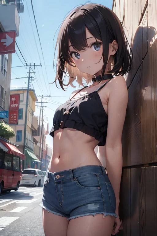 (​masterpiece、top-quality、hight resolution、Unity 8k、extremely details CG:1,Best Picture), flat chest, A girl is hitchhiking. She is standing by the roadside with her bag. The background is a desolate rural landscape, with long stretches of road, few trees and no houses in sight. She raises her arms high, smiles a bashful smile and confidently signals the car to stop, creating a cheeky attitude. It should convey an attempt to stop the car in a secluded and isolated setting. nsfw, Lilith, micro shorts, Responding with a smile