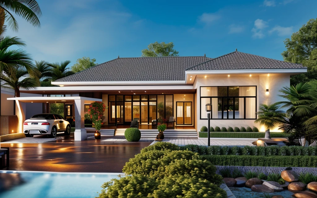Realistic images, extremely detailed, a modern house, large yard made by ceramic, (1 car), brick fence, lawn, a few small flowers, main materials of the house are white walls and red brick, Modern design, clear blue sky, sunrise light, light from inside, dynamic light,shimering light, cinematic light, romantic feeling, (((day light, warm light))), SNOW:1.3, WINTER, ((night light:1.2))