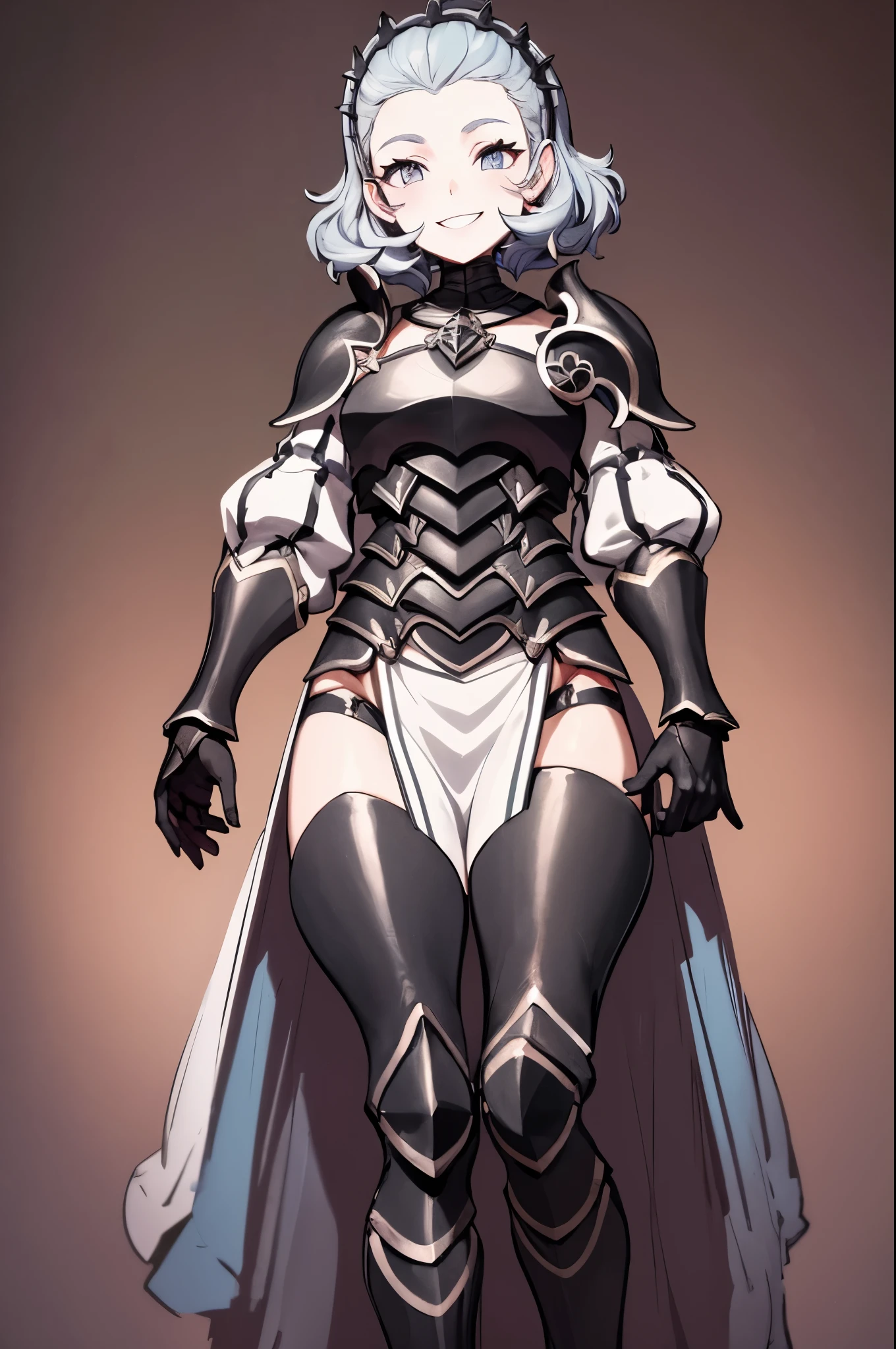masterpiece, best quality, feSophie, hairband, armor, black gloves, thighhighs, white pelvic curtain, armored boots, looking at viewer, smile,