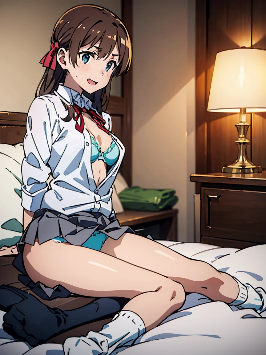 ((highest quality, 8K, A Certain Science Super Electromagnetic Cannon: 1.3, RAW photo)), sharp focus 1.5,woman,brown hair twintails,16-year-old high school student,Slender,open legs((Light Blue Panties,bra)),(((white shirt and gray miniskirt)))((Kuroko Shirai))(((red ribbon))),(((Unbutton your shirt and sit on the love hotel bed)))(((Super Loose Socks,loafers)))burst into laughter,((green armband))Low - Angle