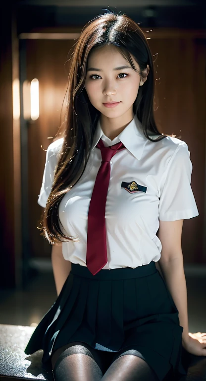 there is a woman in uniform posing for a picture, girl in uniform, Wearing school uniform, Wearing school uniform, JK uniform, wearing japanese school uniform, wearing white shirt, wearing shirt, Close-up portrait shot, korean girl, Qingfu, japanese school uniform, wearing white shirt, a surreal schoolgirl, White, japanese girl 