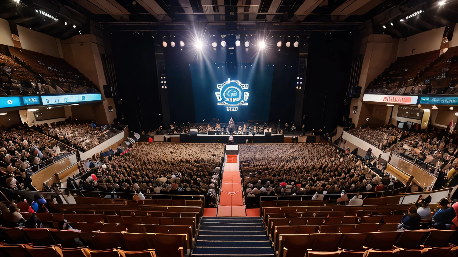 Asymmetrical pesperctiva of a man standing on a podium in front of a crowd with a bright screen behind him, Em uma arena nacional, congresso nacional, Bill Gates em Overwatch, fazer um discurso, standing in an arena, pintado digitalmente, salas de aula e tocas de jogos, em uma arena, people attending a lecture by world leaders, futuristic backdrop, Futuristic congress meeting